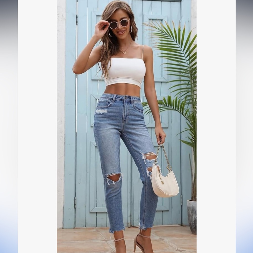 Blue Cropped Distressed Ankle Jeans